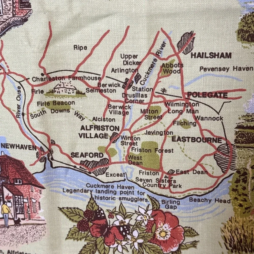 Vintage Alfriston England Souvenir Tea Towel 100% Cotton 30
